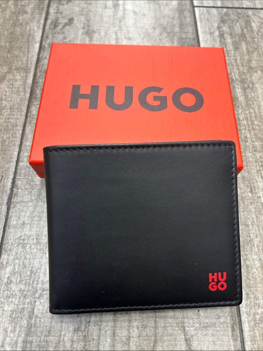 HUGO Black Leather Wallet with Red Logo Accent New with Box